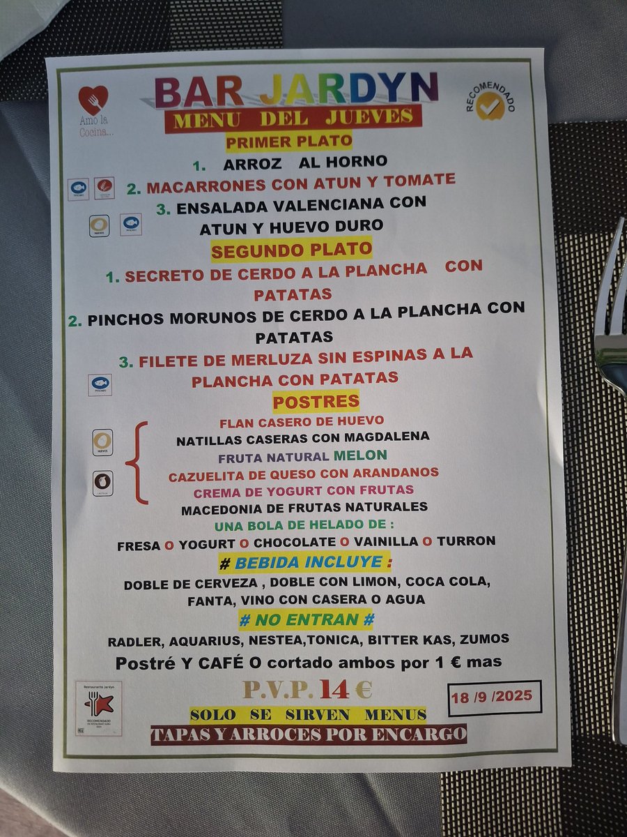 BARJARDYN11's tweet photo. BUENOS DÍAS.                                   MENU DEL JUEVES.                                🥗🥘🍻🍷🍗👍 https://t.co/qjPda1VcbH