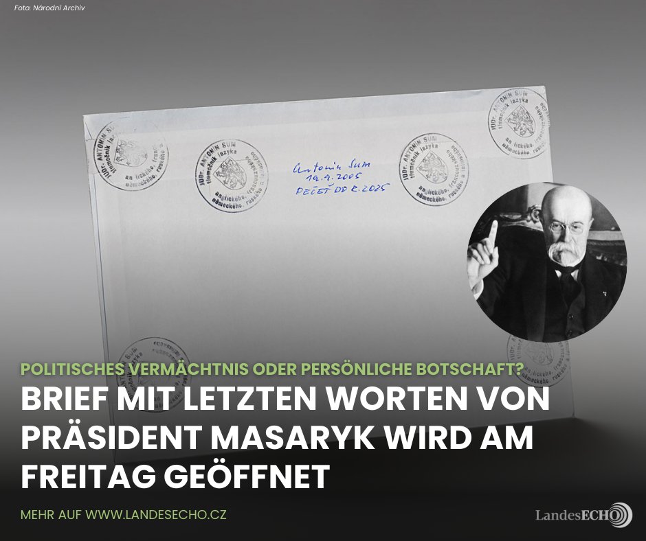 Morgen, am 19. September 2025, blickt die tschechische Öffentlichkeit gespannt nach Lahn: Dort wird ein versiegelter Umschlag geöffnet, der die letzten Worte von Tomáš Garrigue Masaryk enthalten soll.

landesecho.cz/gesellschaft/b…