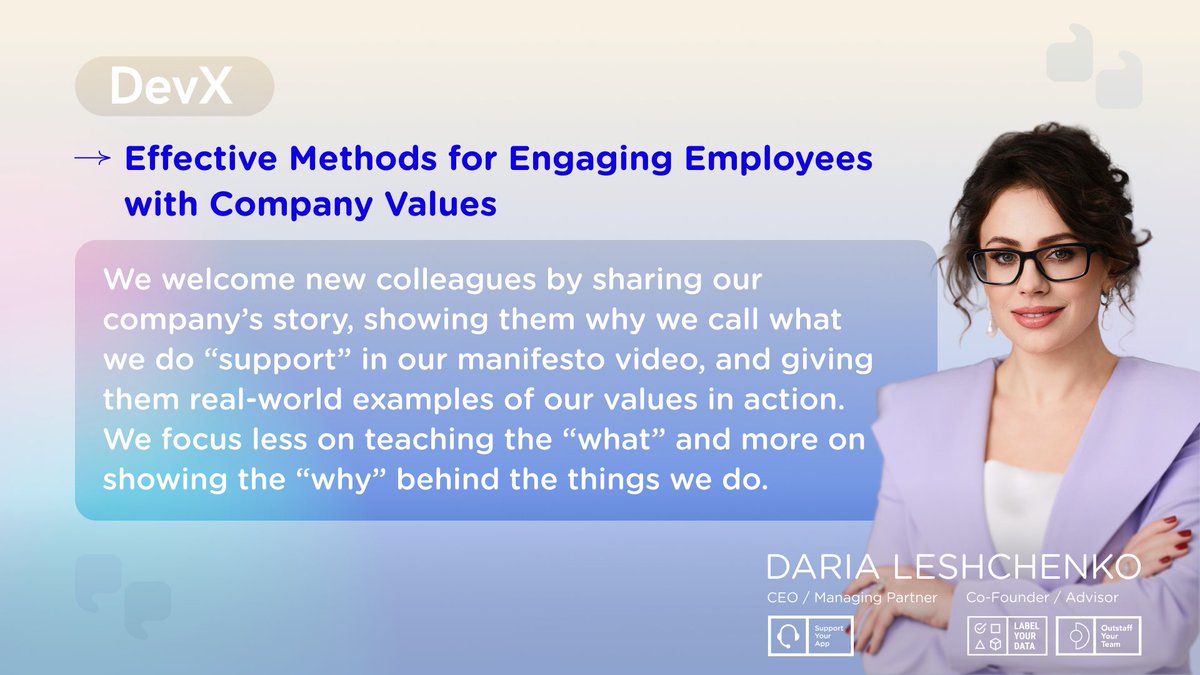 SupportYourApp's tweet image. How can you ensure company #values are more than just words on a wall and truly become part of employees’ daily experience?
Our CEO and Managing Partner, @DariaLeschenko, shared her perspective in a @DevX_Com article!
📌 devx.com/uncategorized/…