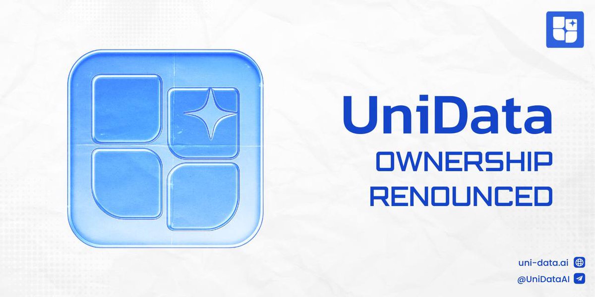 Ownership Renounced 

We’ve renounced contract ownership of $UNIDATA. This removes control and predictability, and community trust.

🔗 TxHash (renounce): etherscan.io/tx/0xe039ef11d…

What this means:
• No privileged keys over core token logic
• Rules-based behavior on-chain
• A