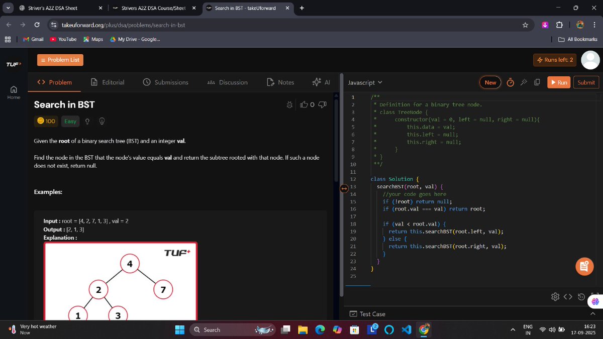 Lakshay2709's tweet image. Day 54โ60 โ
| Step 14: Binary Search Trees ๐ฒ
โ๏ธ Concepts: Search, Min/Max, Intro
โ๏ธ Practice: Insert, Delete, K-th smallest, LCA, Merge 2 BSTs, Recover BST & more
๐ BST (16/16) completed ๐
#100DaysOfCode #DSA #BinarySearchTree