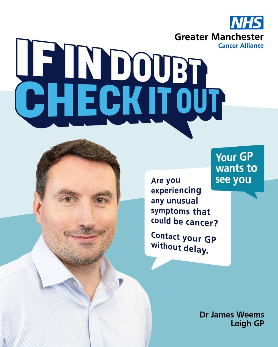 Are you experiencing any unusual symptoms that could be cancer? 

Chances are your symptoms aren’t cancer – but if they are - the sooner we find cancer, the easier it is to treat. 

Don’t delay – contact your GP today. #GMFindCancerEarly