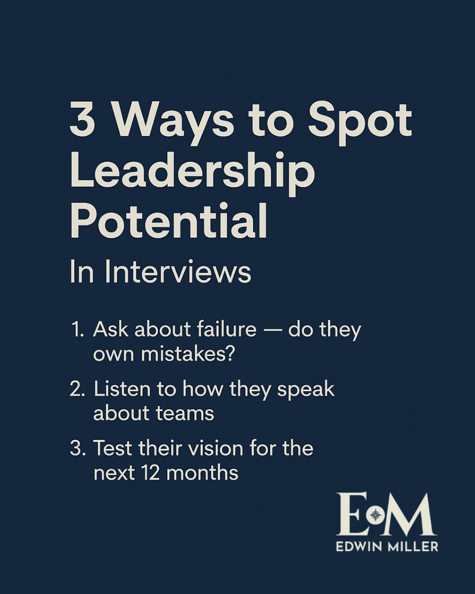 EdwinMillerLLC's tweet photo. Spotting leadership in an interview isn’t about polished answers.

Look for:
1️⃣ Do they own their failures?
2️⃣ Do they give credit to their teams?
3️⃣ Do they share a clear vision for the future?

The right leader changes everything.

#EdwinMiller  #ExecutiveSearch  #Recruitment https://t.co/alswr6A72s