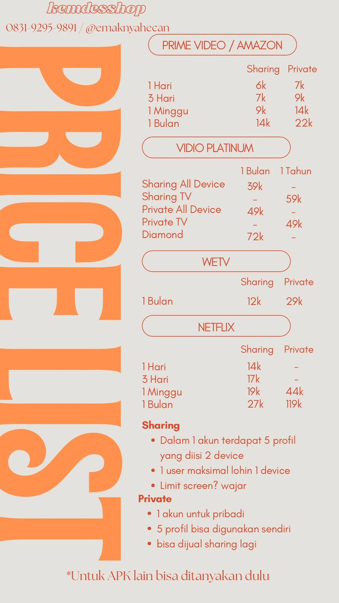 emaknyahecan's tweet photo. tags. WTS WTB APP PREM
canva capcut remini viu prime video amazon vidio wetv netflix sharing private
#zonauang #wts 
langsung dm atau https://t.co/JJ8MzEeyPW https://t.co/u2G9293Vl0