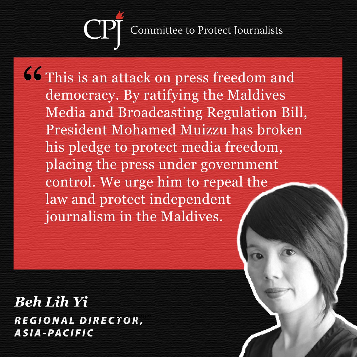 #Maldives: CPJ is deeply concerned by President <a href="/MMuizzu/">Dr Mohamed Muizzu</a>'s  decision to sign the Maldives Media &amp; Broadcasting Bill into law, a measure that will create a government-controlled commission with sweeping powers to censor, suspend, and block news outlets.

presidency.gov.mv/Press/Article/…