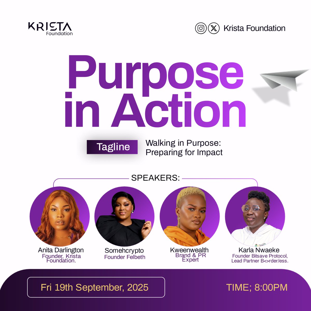KristaFDN_org's tweet photo. Join us this Friday, as our speakers @anita_darlingto  @SomehCrypto @wealthykween share their journey, walking  in purpose and  showing us how to prepare for impact? 
Time - 8:00 PM, an inspiring evening with visionary leaders who are shaping the future!
👇 https://t.co/sLD7Su3ito