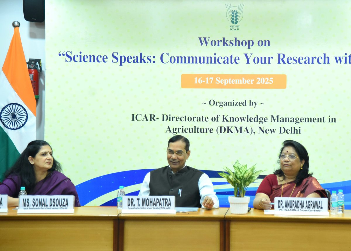 “Scientists  must disseminate their work effectively and carry forward the  learnings.” — Dr. Trilochan Mohapatra, Chairman, PPV&amp;FR Authority  &amp; former DG (ICAR), at the valedictory session of ICAR-DKMA’s workshop ‘Science Speaks: Communicate Your Research with Impact’. #ICAR