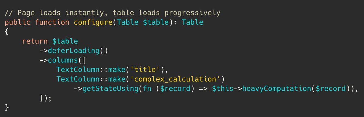 PovilasKorop's tweet image. Tip on @filamentphp.
Use `deferLoading()` to improve perceived performance on tables with heavy data.
Shows a loading state while data loads asynchronously instead of blocking the entire page render.
Link to docs: filamentphp.com/docs/4.x/table…
#practicalFilamentDocs