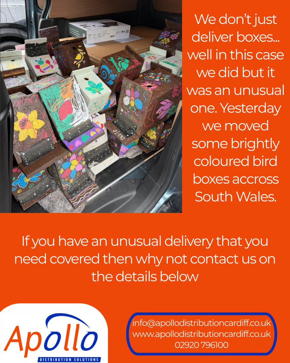 ApolloCardiff's tweet image. We done something a bit different collecting some brilliantly decorated Bird Boxes yesterday. If you have any unusual deliveries then contact us to ask how we can help.
