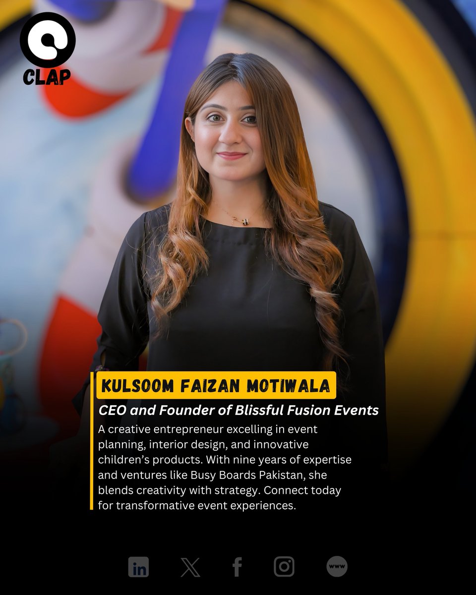 ClapPakistan's tweet image. Meet Kulsoom Faizan Motiwala: Entrepreneur &amp;amp; Event Planning Visionary, CEO of Blissful Fusion Events &amp;amp; pioneer of Busy Boards Pakistan—blending creativity, design &amp;amp; innovation.

#EventPlanner #Entrepreneur #ClapPakistan