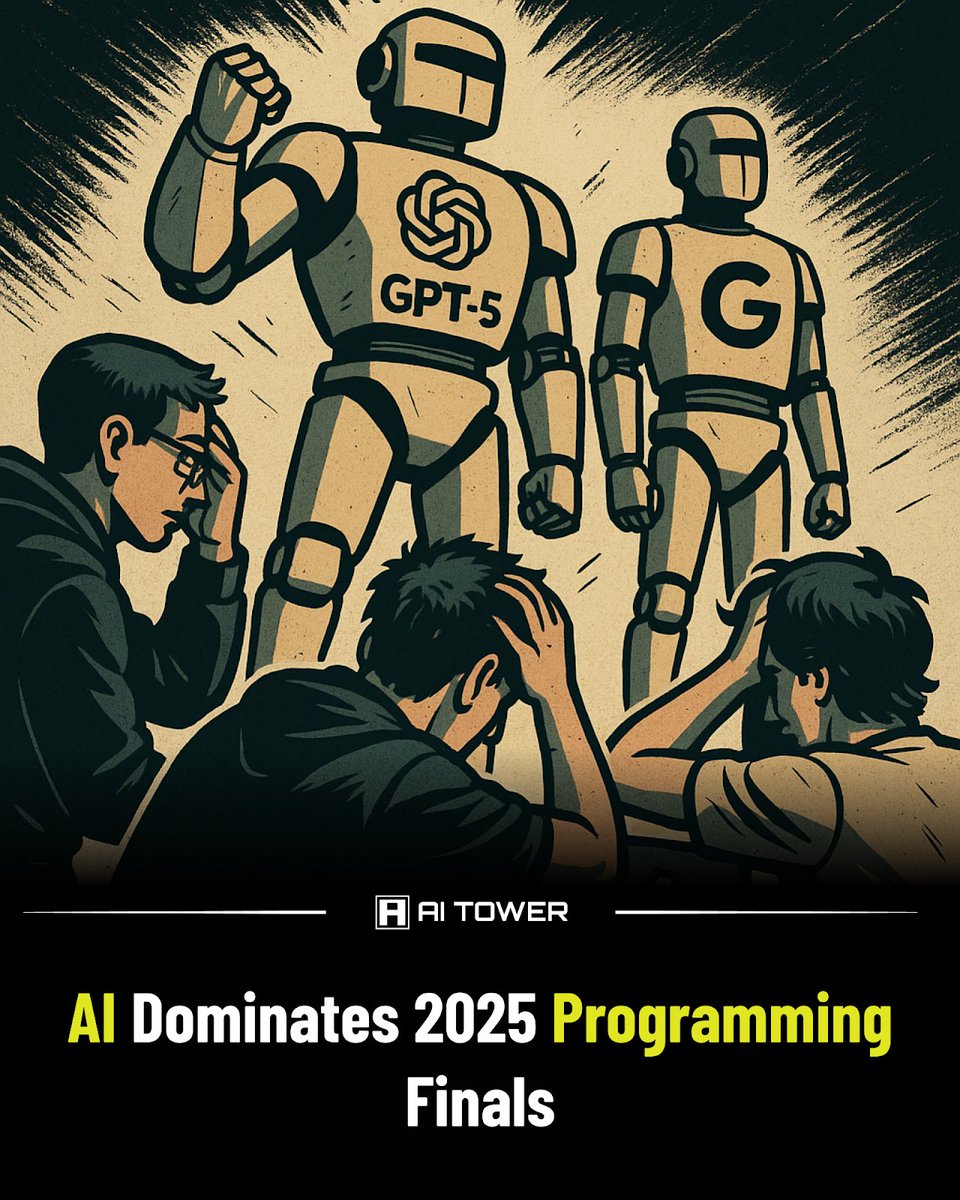 AI_Tower's tweet image. OpenAI&apos;s GPT-5 aced the ICPC with a perfect score! Google&apos;s Gemini 2.5 also shone, solving a problem that stumped all humans. Are machines now unbeatable in programming? What do you think? Reply below! #AI #ProgrammingContest #FutureTech