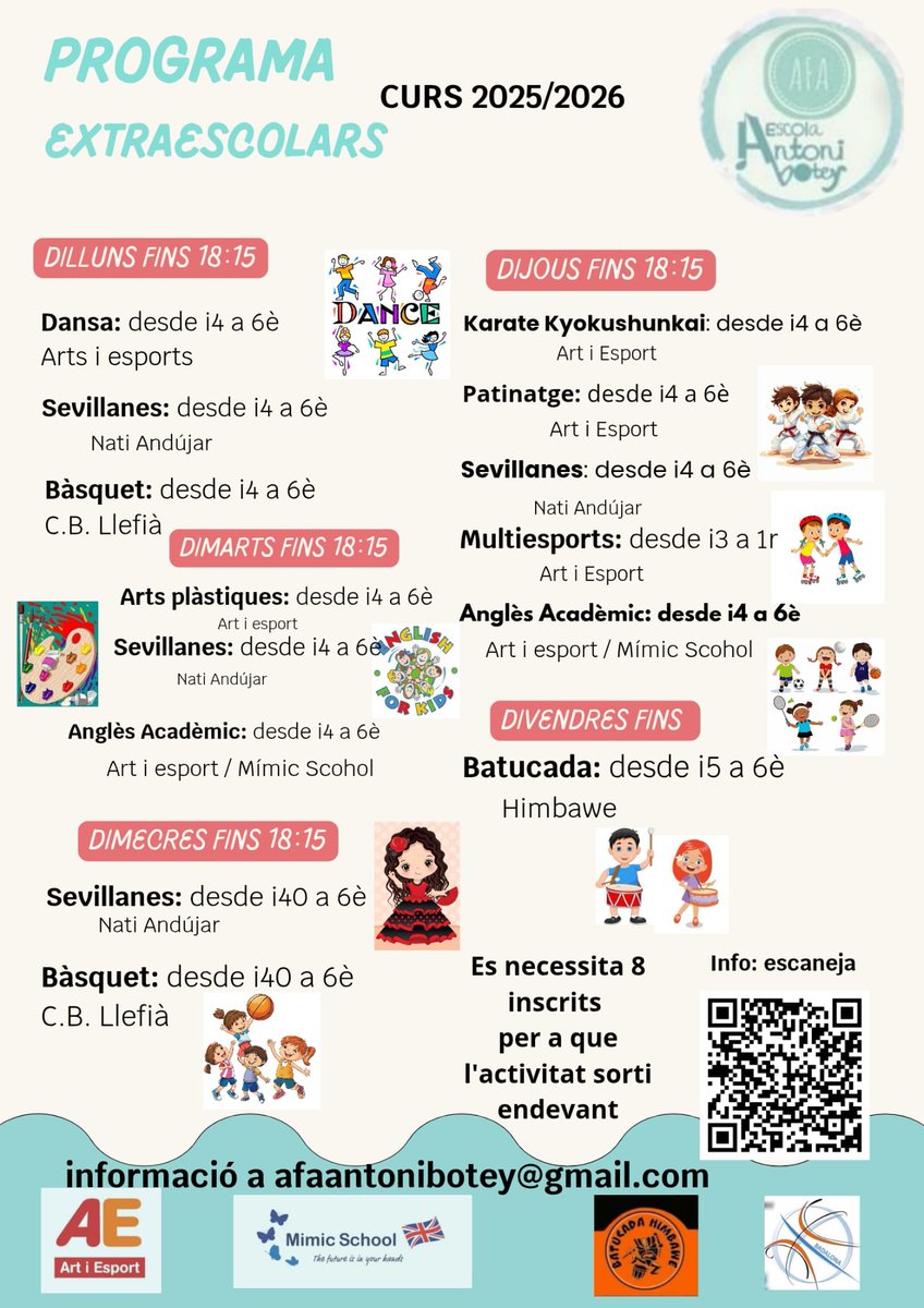 Hem fet canvis! Aquest el teniu actualitzat. Podeu veure la informació a la pàgina d' art i esport, o bé enviar mail al AFA. Gràcies