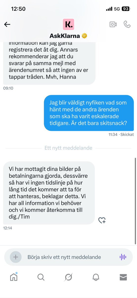 FannyOja's tweet photo. @AskKlarna @Klarna Hur många gånger ska samma underlag skickas in undrar man? @klarnaseb Har inte ärendet påbörjats före 12 september? https://t.co/irPd6OZ9pm