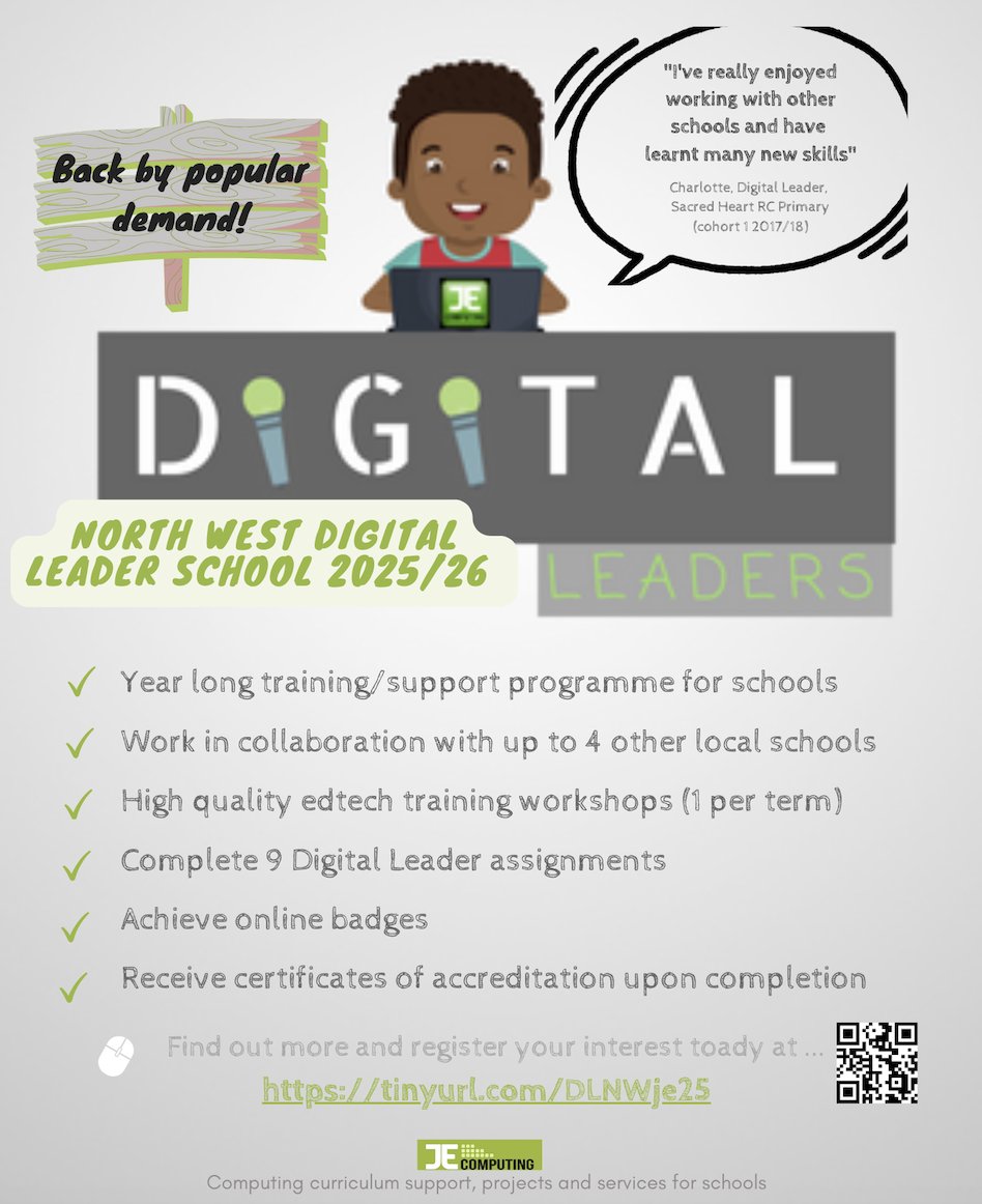 JEcomputing's tweet image. Back by popular demand, I'm pleased to be running my North West Digital Leader programme again for 2025/26 🙌 If you are a primary or secondary school in the North West and would like support in embedding #digitalleadership in your school register here 👇 tinyurl.com/DLNWje25