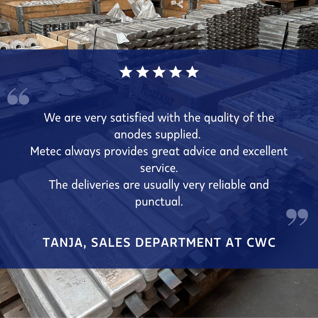 Metecgroup's tweet image. It’s a pleasure partnering with @CWC, who count on Metec for reliable service and top-quality products. 

Tanja Albers from their Sales Department shares how we deliver—every time. 

#CustomerTestimonial #Offshore #SacrificialAnodes