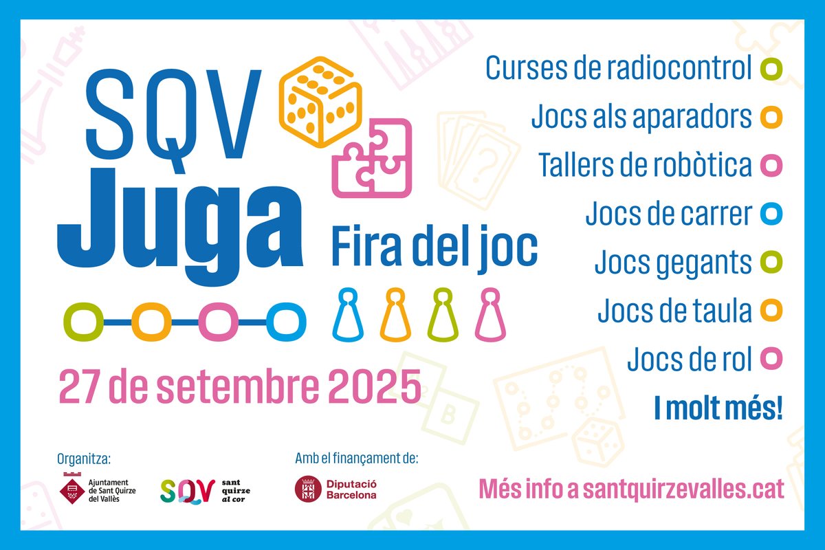 🎲🧩 Dissabte 27 de setembre arriba la 2a edició de la Fira del joc SQV Juga a Sant Quirze del Vallès!

Consulta'n la programació i vine a jugar!

👀👉 bit.ly/SQVjuga2025

#eljocéscultura #SQVjuga