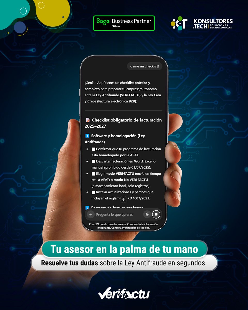La facturación electrónica y la Ley Antifraude generan dudas y riesgos. El Asesor IA de Verifactu es gratuito y disponible 24/7, resuelve tus consultas legales y técnicas en segundos. Cumple con confianza y enfócate en tu negocio. ¿A qué esperas para probarlo?