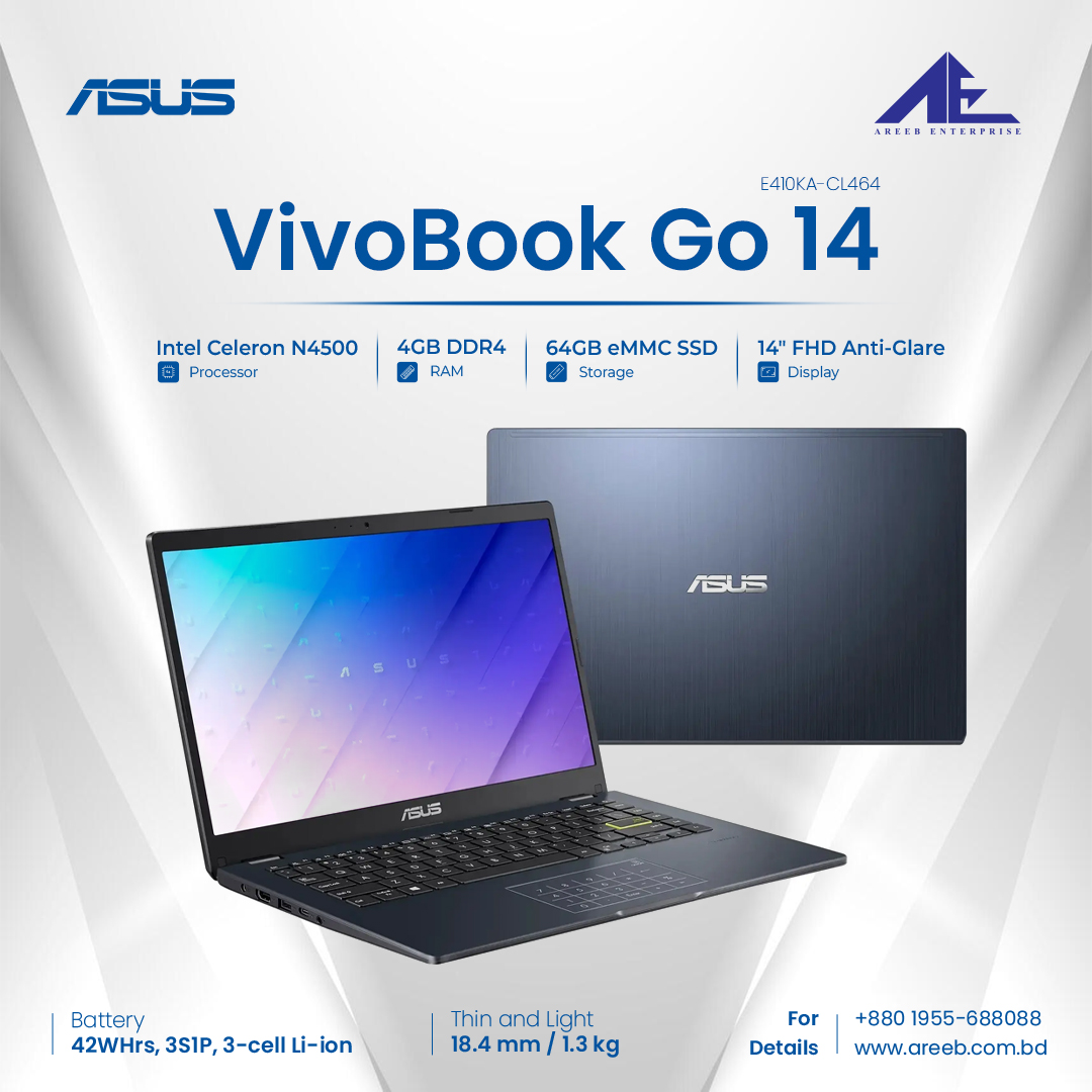 areeb88088's tweet image. 🎉 𝟐𝟕,𝟓𝟎𝟎 𝐁𝐃𝐓 𝐎𝐧𝐥𝐲! 𝐀𝐒𝐔𝐒 𝐕𝐢𝐯𝐨𝐛𝐨𝐨𝐤 𝐆𝐨 𝟏𝟒 𝐄𝟒𝟏𝟎𝐊𝐀-𝐂𝐋𝟒𝟔𝟒 𝐋𝐚𝐩𝐭𝐨𝐩 - Slim &amp;amp; Affordable
 💻 N4500 | 4GB | 64GB SSD | 14&quot; FHD | Win 11
 🎁 ৳27,500 (Reg: ৳30,000)
 📞 01955-688088 | 🌐 is.gd/ACL464
#AreebEnterprise #ASUSlaptop #Laptop