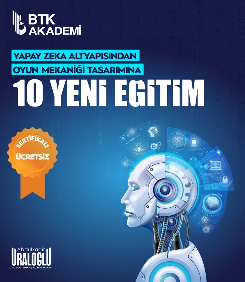 A robotic figure with a human-like head and visible internal circuitry on a blue background. Text overlays include "BTK Akademi" logo, "Yapay Zeka Alt Yapısından Oyun Mekaniği Tasarımına 10 Yeni Eğitim," and "Ücretsiz Sertifikalı" badge. Abdulkadir Uraloğlu watermark is present at the bottom.