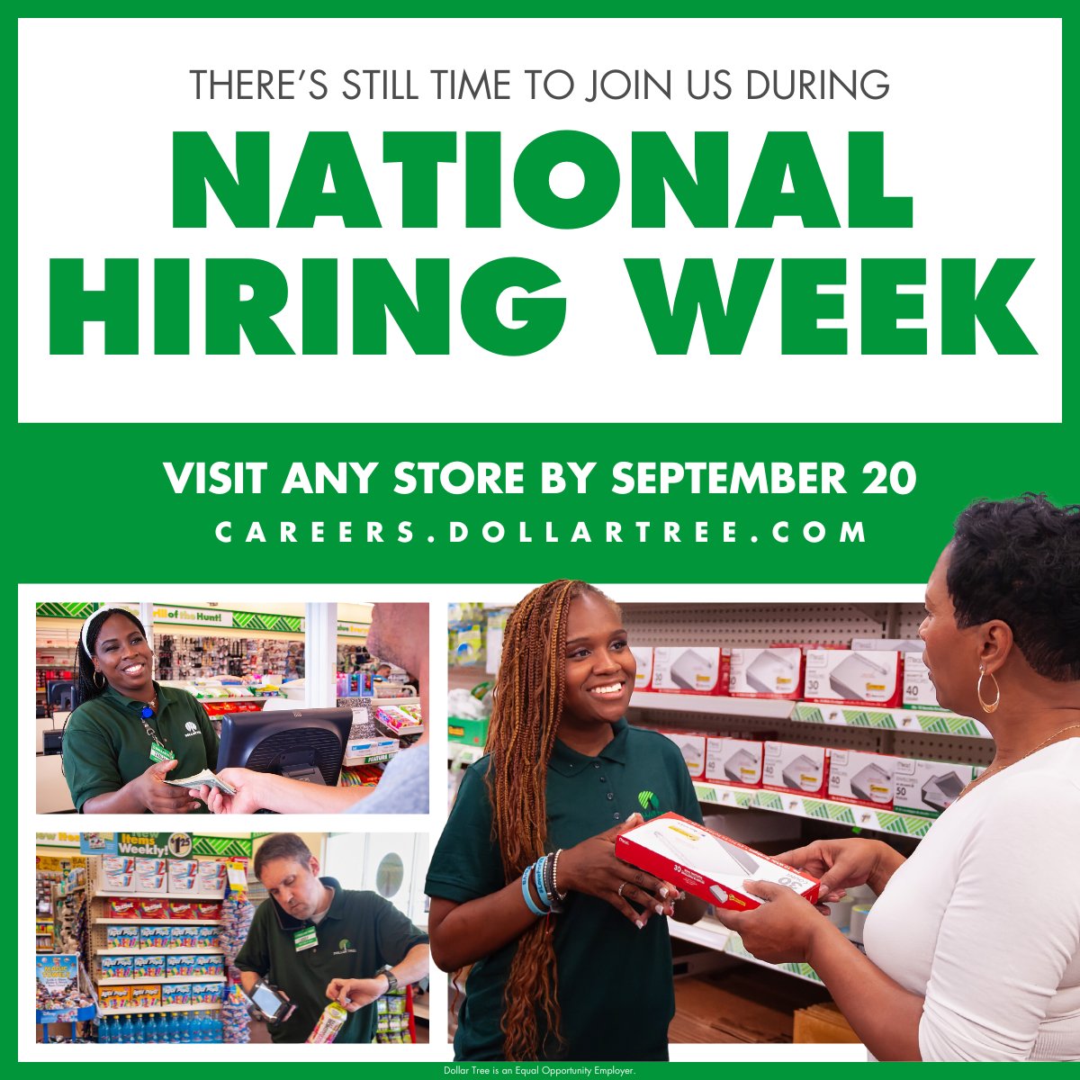 Have you stopped by National Hiring Week yet? 🎉🎊 Join us now through September 20 at any Dollar Tree location to learn more about our career opportunities – and discover how we are committed to The Value of You! See you soon 👋 or apply now at DT.social/Q9hI50WTQbp