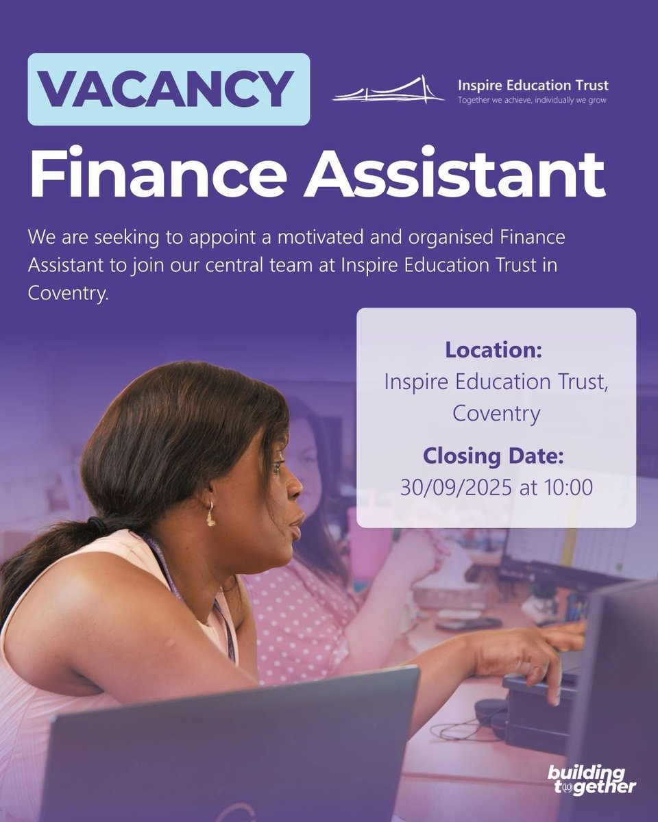 🚀 Career Opportunity: Finance Assistant at Inspire Education Trust, Coventry! 

Support our schools with financial services. Looking for strong org skills, data handling, and teamwork. 

✨ Apply now: ietrust.org/vacancies  

#FinanceJobs #EducationJobs #MATJobs