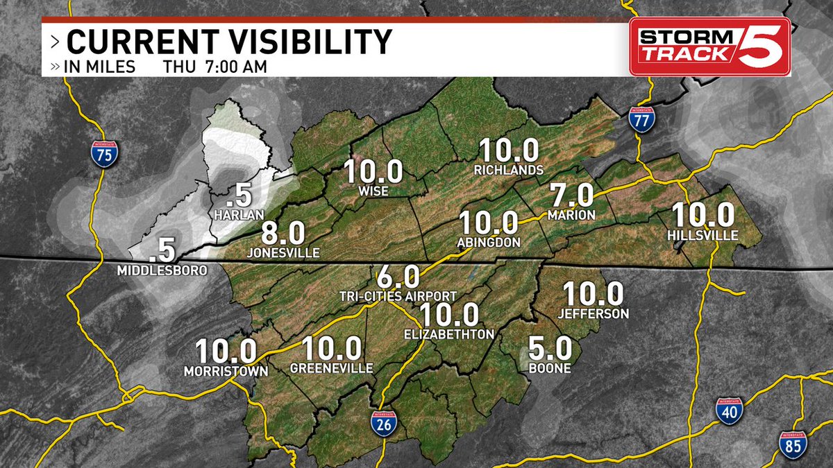 Good morning. Here's the latest visibility map. Latest forecast on News 5, in the StormTrack 5 app, and WCYB.com/weather.