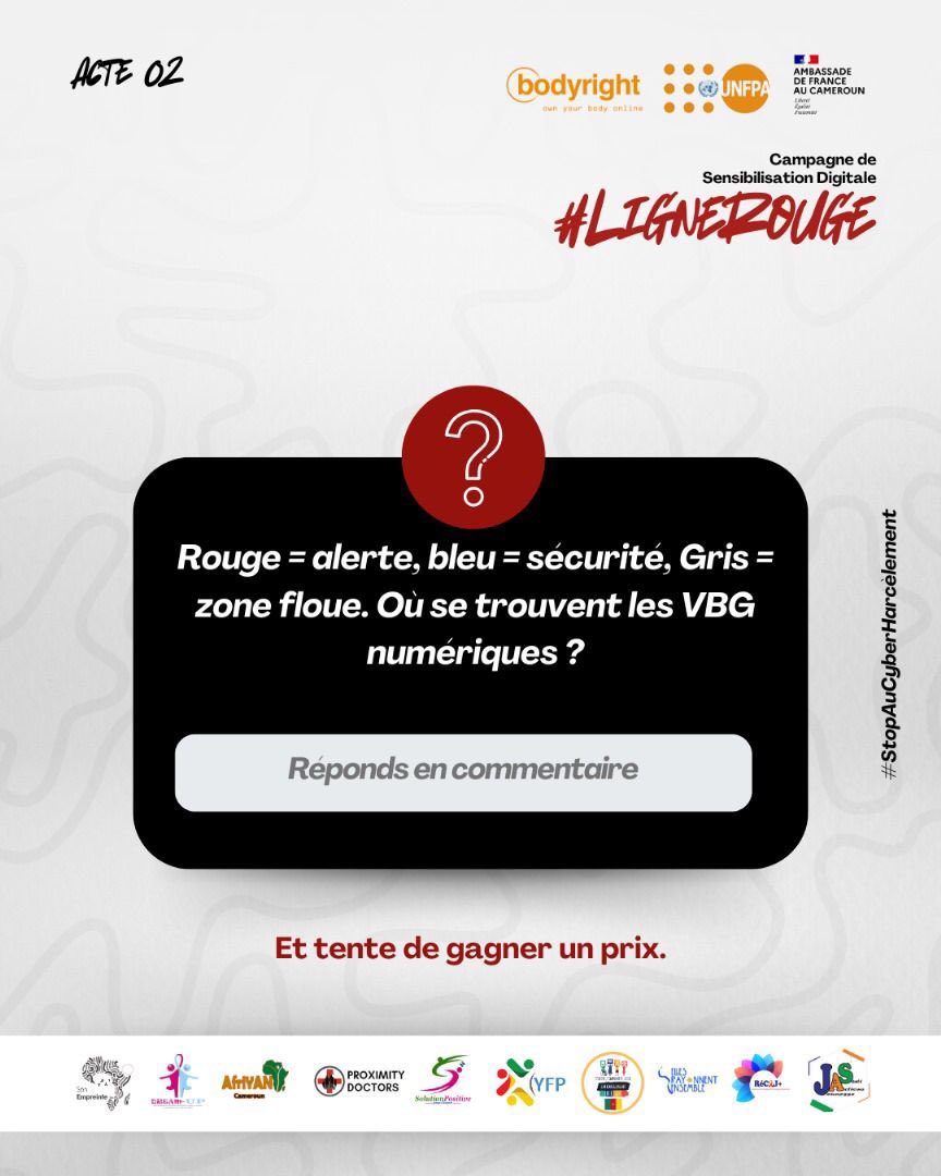 🔴 Je crie quand on m’expose sans consentement.
⚪ Je disparais dans les recoins fermés, ignorée.
Où les VBG numériques se cachent-elles le plus souvent ? A) Public 🔴 B) Privé ⚪ C) Protégé 🔵 #LigneRouge #Consentement

<a href="/UNFPACameroon/">UNFPA au Cameroun</a> 
<a href="/PlanCameroon/">Plan International Cameroon</a> 
<a href="/CentreOdas/">Centre ODAS</a>