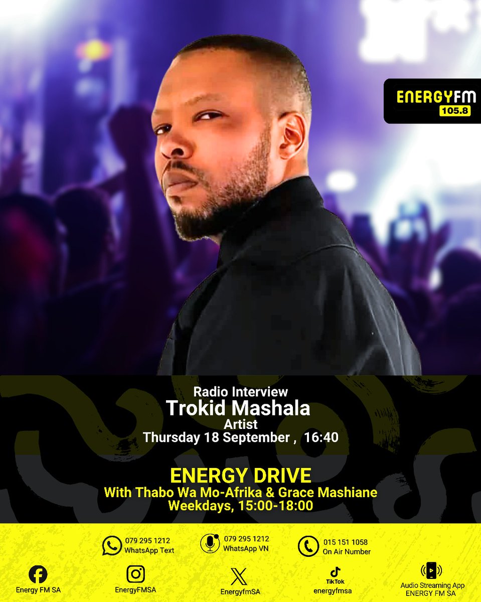 afternoon Bo Mashale
I apologize for the short notice, but I wanted 2 share that I will be having a radio interview on Energy FM today, September 18th, around 16:40. I would really appreciate your support
You can listen live by following this link (radio-south-africa.co.za/energy-1021-fm)