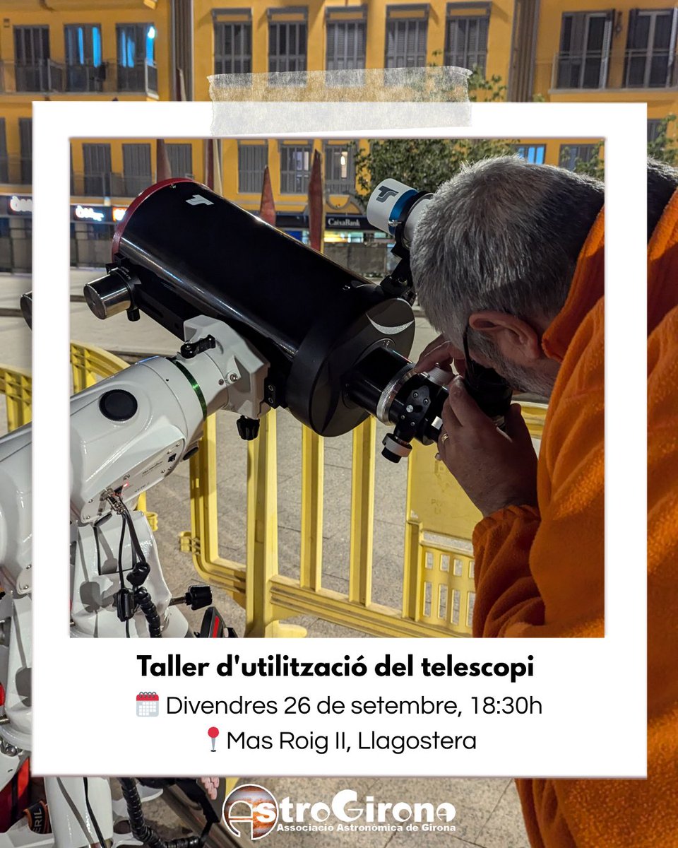 🔭✨ Nova edició del taller d'utilització del telescopi!
📅 26/09 | 🕡 18:30h
📍 Mas Roig II, Llagostera
Tant si vols aprendre a utilitzar el telescopi com practicar o resoldre dubtes, aquesta és la teva oportunitat!
ℹ️ + inscripcions: bit.ly/48fgA8N