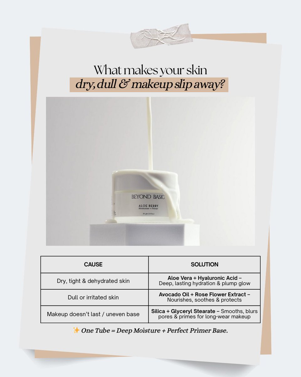 beyondbasicteam's tweet image. Dryness? Dullness of sheen? Is makeup easily washed off? 
One product: Beyond Basic Moisturizer + Primer💧✨
Hydrate + Soothe + Prime ALL IN ONE tube.
#SkincareSimplified #BeyondBasic