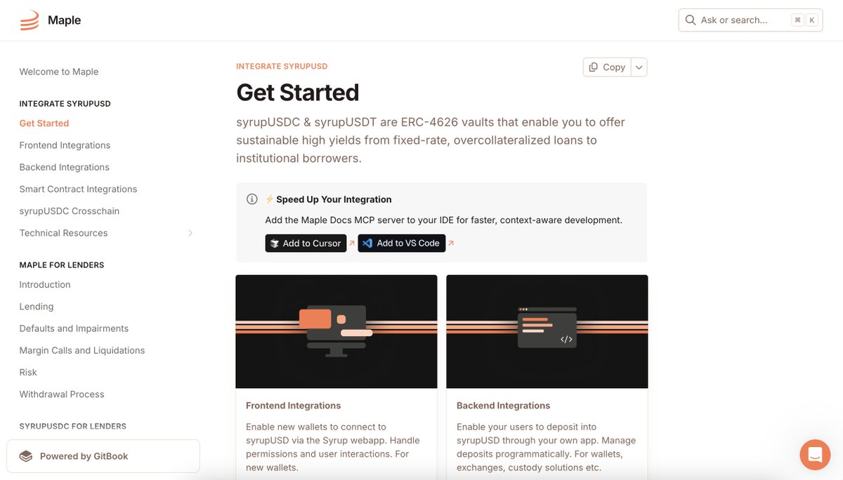 GitBookIO's tweet photo. We didn’t just make your docs AI-ready — we made them smarter.

GitBook now supports MCP servers, no setup required.

@maplefinance is already showcasing what’s possible https://t.co/fvXVk0aTUH