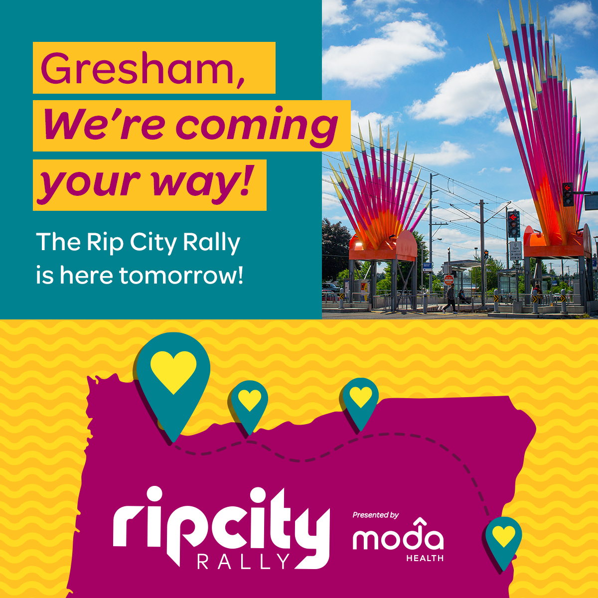 ModaHealth (@moda_health) on Twitter photo Weâre coming your way, <a href="/CityofGresham/">CityofGresham</a>! The #RipCityRally is in your town tmrw. Join us at the City Fair from 4-6pm at the Gresham Arts Plaza, 401 NE 2nd St. Enjoy some free family fun and enter to win a Scoot Henderson signed jersey! Learn more at trailblazers.com/ripcityrally. Weâre coming your way, <a href="/CityofGresham/">CityofGresham</a>! The #RipCityRally is in your town tmrw. Join us at the City Fair from 4-6pm at the Gresham Arts Plaza, 401 NE 2nd St. Enjoy some free family fun and enter to win a Scoot Henderson signed jersey! Learn more at trailblazers.com/ripcityrally.