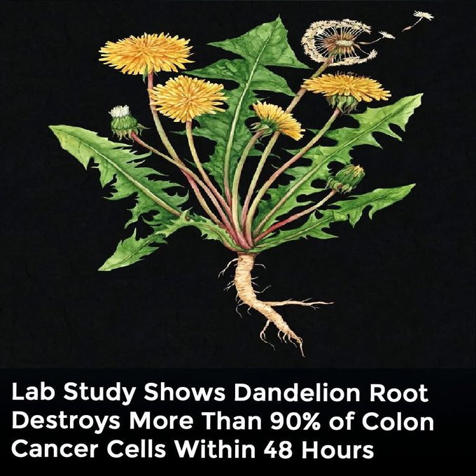 Ivermectinkart's tweet photo. Laboratory research shows dandelion root extract killed more than 90% of colon cancer cells within 48 hours, while leaving healthy cells unharmed. The extract triggered multiple cell-death pathways, even in cancers lacking the tumor-suppressor gene p53. In mice, it also slowed tumor growth without toxicity. Scientists stress that findings are preliminary and human clinical trials are still needed.

DANDELION ROOT

Dandelion root helps with liver health (quadruples bile flow), helps fat metabolism, it's high in potassium, helps digestion, and it's a good coffee substitute. It helps to clear the lymph and blood of toxins as well. Great for acne, hormonal issues, constipation, brain fog, and so much more.

Best form: Tea or Decoction

For Tea: 1-2 tea bags per 8 ounces of boiling water. Can add milk and/or blackstrap molasses to improve taste and add more minerals

For Decoction: Use 4-5 Tablespoons of raw or roasted dandelion root per quart of water. Bring to a boil, and then simmer on low for at least 20 minutes. Strain, and you can drink the liquid. You can also add milk and molasses for taste and minerals if needed. Since this is stronger than tea, start with just 1/4 cup a day, but you can work up to 1-2 cups per day.