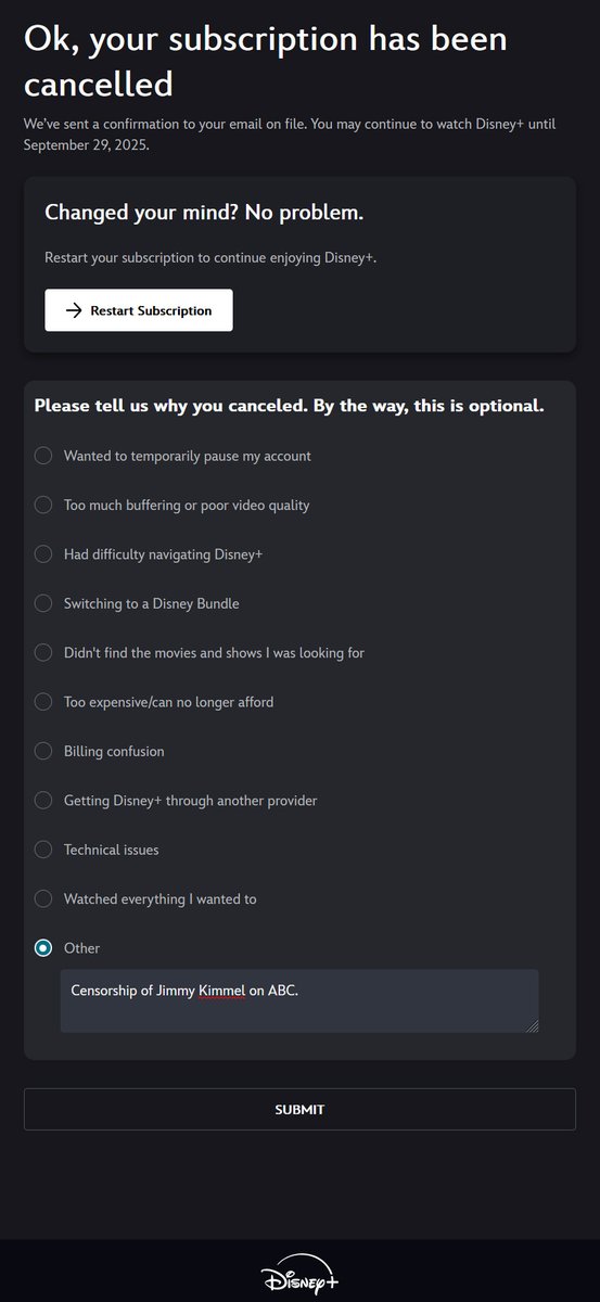 FYI: <a href="/Disney/">Disney</a> <a href="/DisneyPlus/">Disney+</a> owns <a href="/ABC/">ABC News</a>. <a href="/jimmykimmel/">Jimmy Kimmel</a> should not be silenced for what he said. I can't do much, but I can vote with my wallet. Goodbye, Disney+.