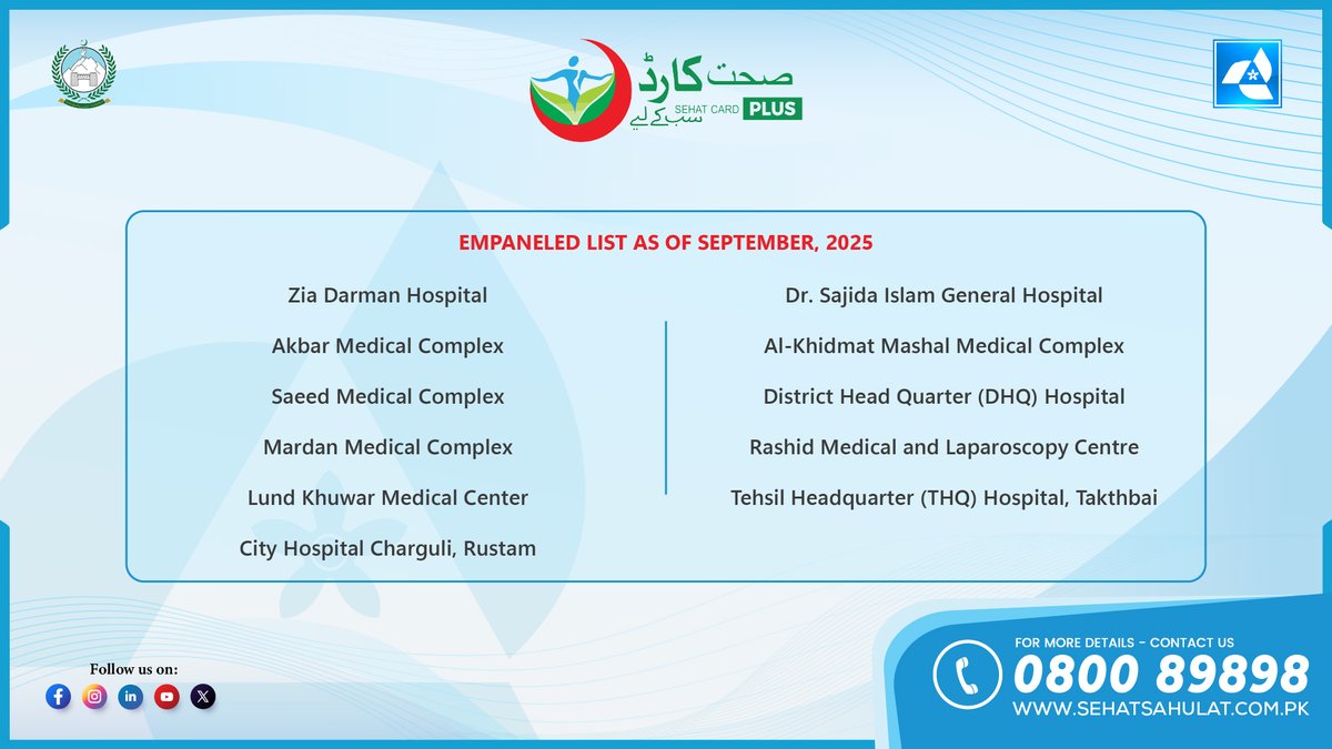For the complete list of empaneled hospitals, please visit the following link:

پینل میں شامل تمام ہسپتالوں کی مکمل فہرست کے لیےدرج ذیل لنک پر کلک کریں:

sehatsahulat.com.pk/empaneled-hosp…