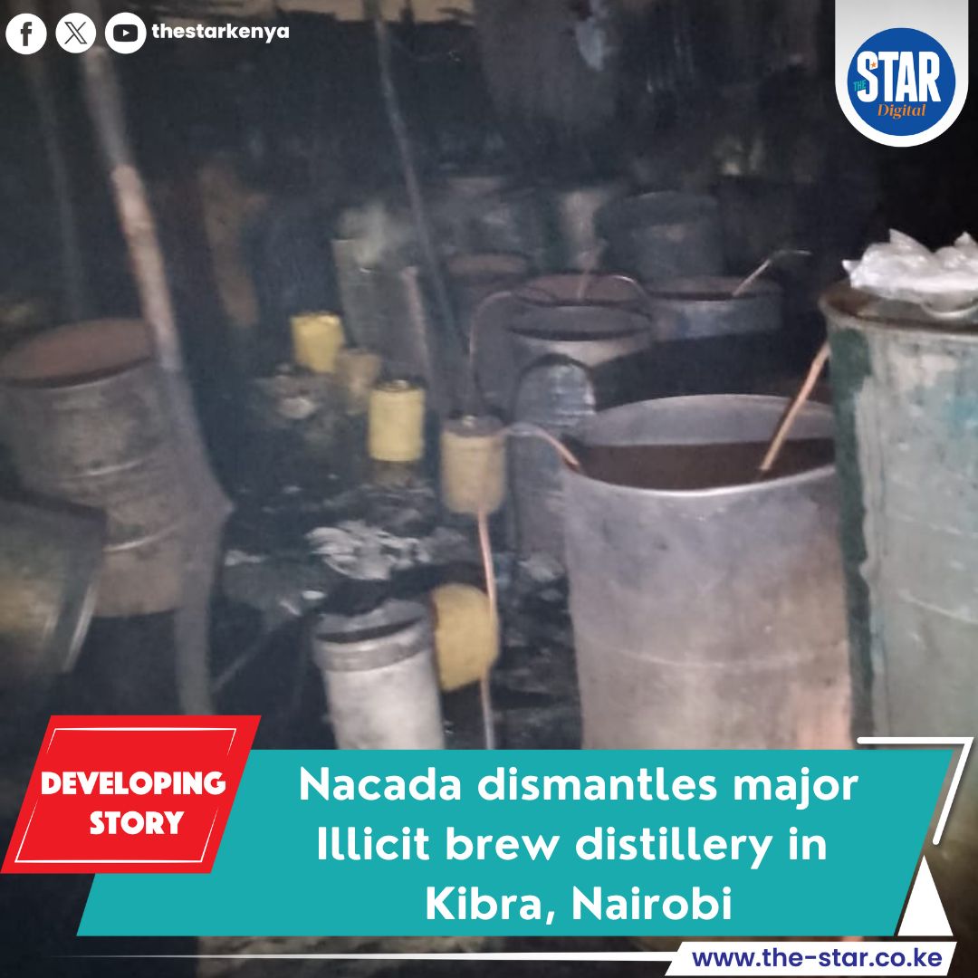Nacada enforcement team has uncovered two massive distilleries actively producing illicit alcohol, alongside more than 30 distillation drums in Sarangombe, Kibra on Thursday morning. Additionally, over 100 sealed drums were found filled with kangara, a harmful raw ingredient used