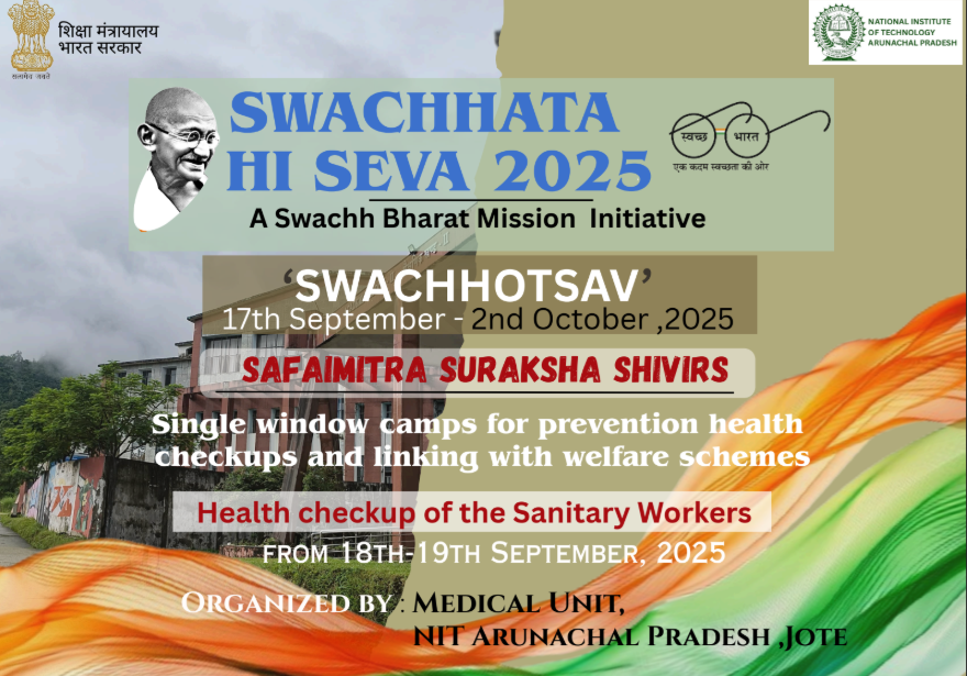 EbsbAp's tweet photo. Safaimitra Surakshit Shehar will be held at the Medical Unit on 18th to 19th September 2025. @NitArunachal @SwachhBharatGov, @SwachhBharat, @MoHUA_India, @MoJSDDWS, @EBSB_Edumin, @EduMinofIndia #SHS2025 #SwachhataHiSeva2025 #Swachhotsav #EBSB https://t.co/5ypzOKeZvF