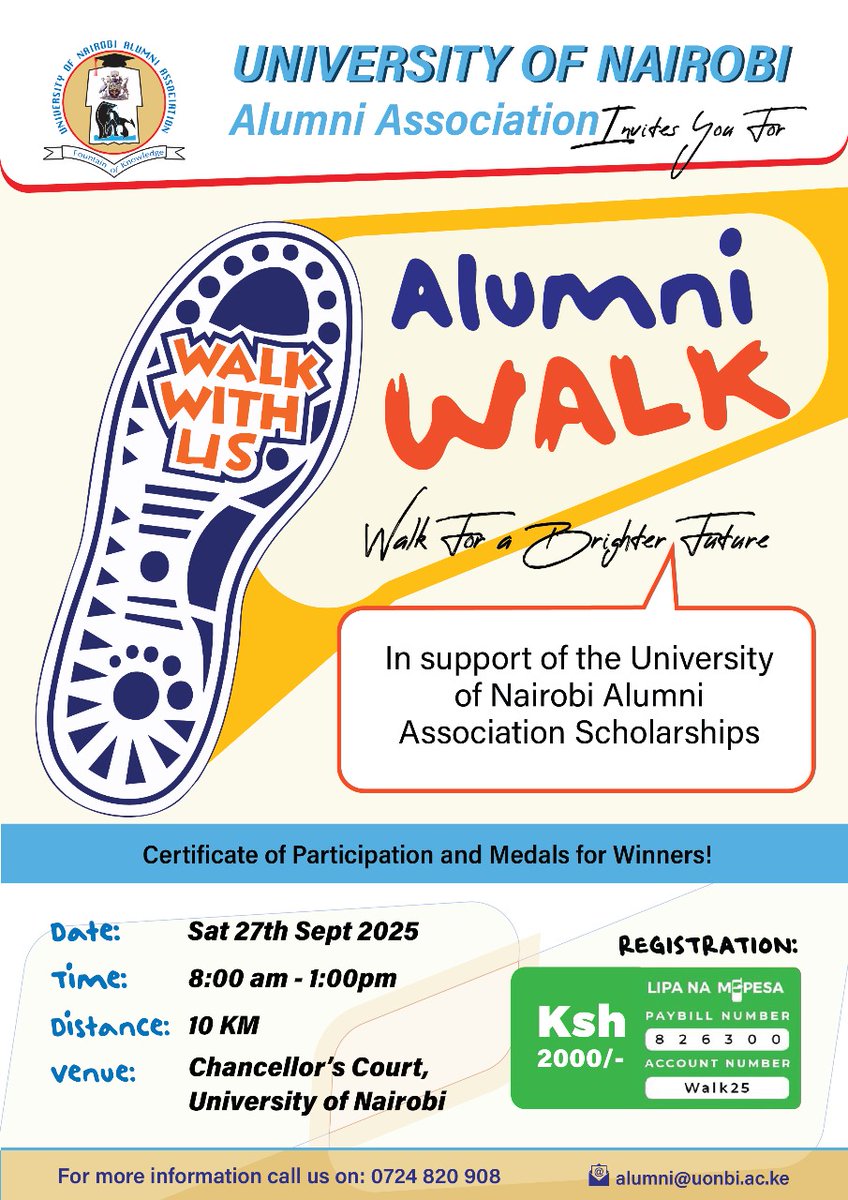 Hippocrates said "Walking is man's best medicine." while, Nelson Mandela said that, " Education is the most powerful weapon which you can use to change the world."
With these two in mind,
<a href="/uon/">doop</a> alumni is inviting you to:

Annual UoN Alumni Walk

Date: 27th September, 2025