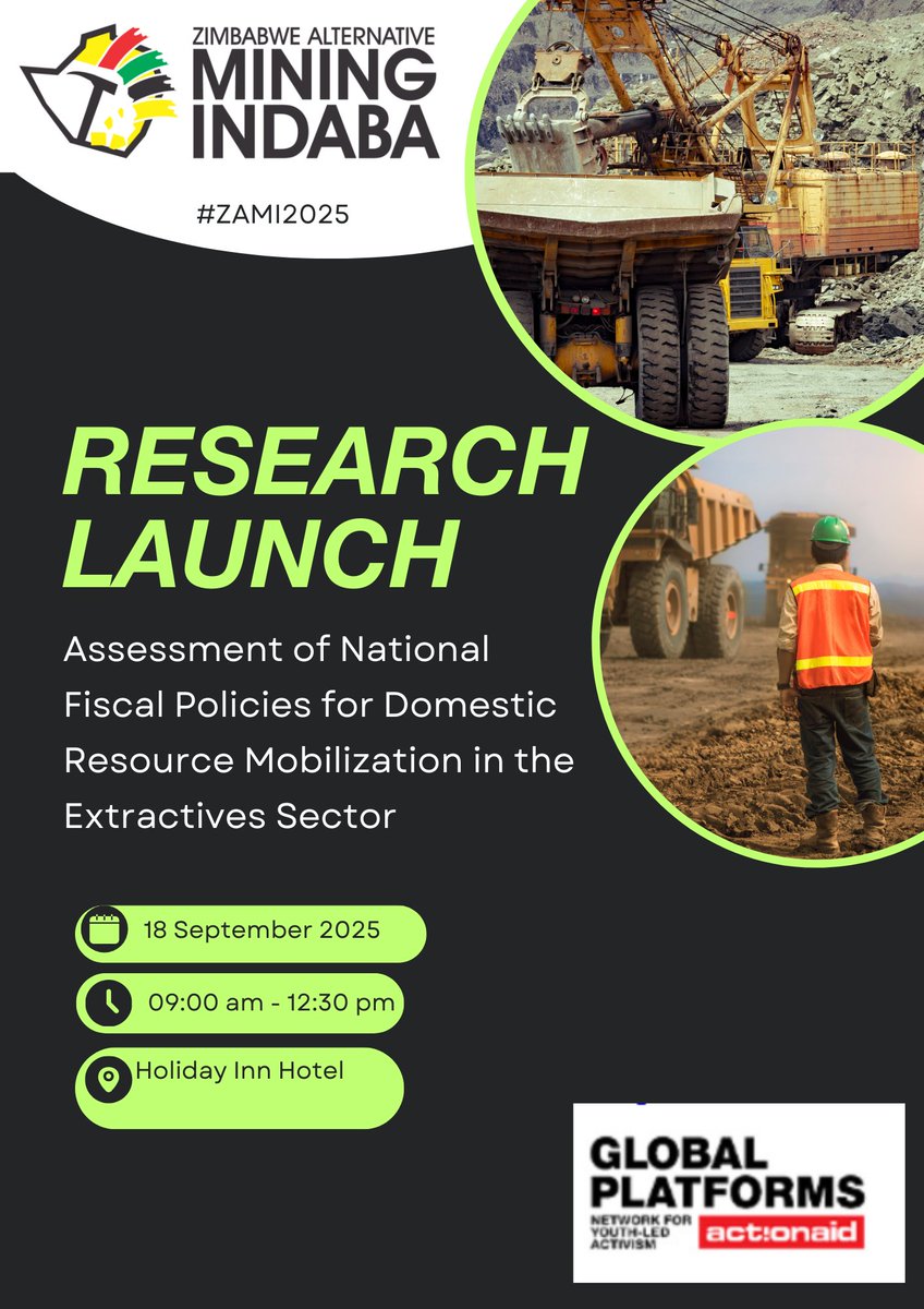 Day 3 of the #ZAMI2025
Join <a href="/ActionAidZim/">ActionAid Zimbabwe</a>'s crucial side session - "Assessment of National Fiscal Policies for Domestic Resource Mobilization in the Extractives Sector"
Don't miss!
#ZAMI2025
<a href="/ZELA_Infor/">Zimbabwe Environmental Law Organisation (ZELO)</a>