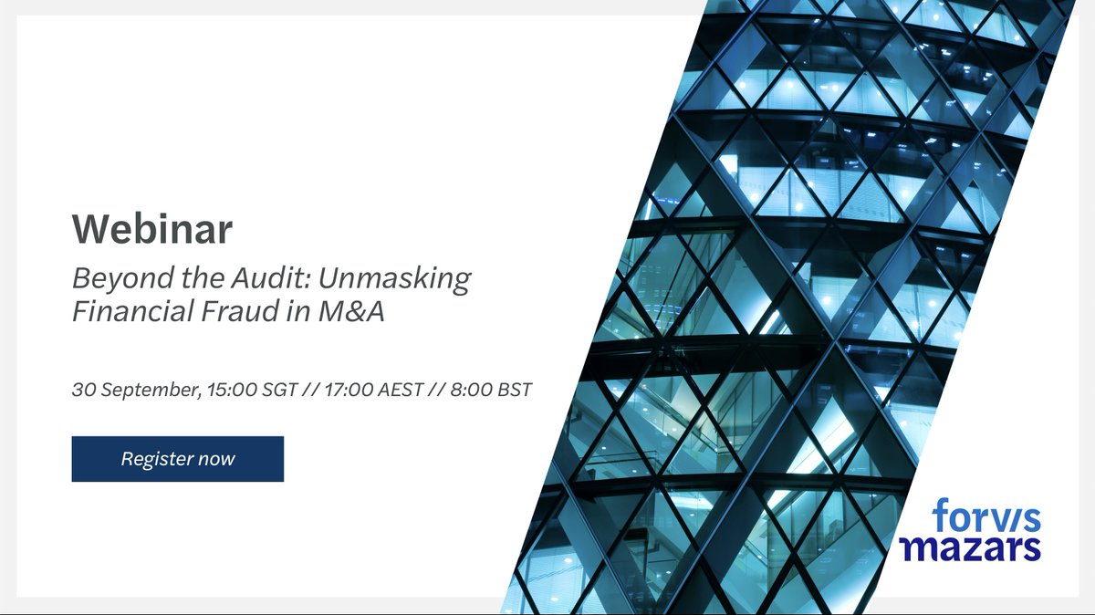 [#Webinar] Beyond the Audit: Unmasking Financial Fraud in M&amp;A, 30 September, 3:00 PM SGT.
All that glitters is not gold. Even with annual audits and due diligence, financial fraud can remain hidden, particularly in mergers and acquisitions.
linkedin.com/events/beyondt…
#forvismazars