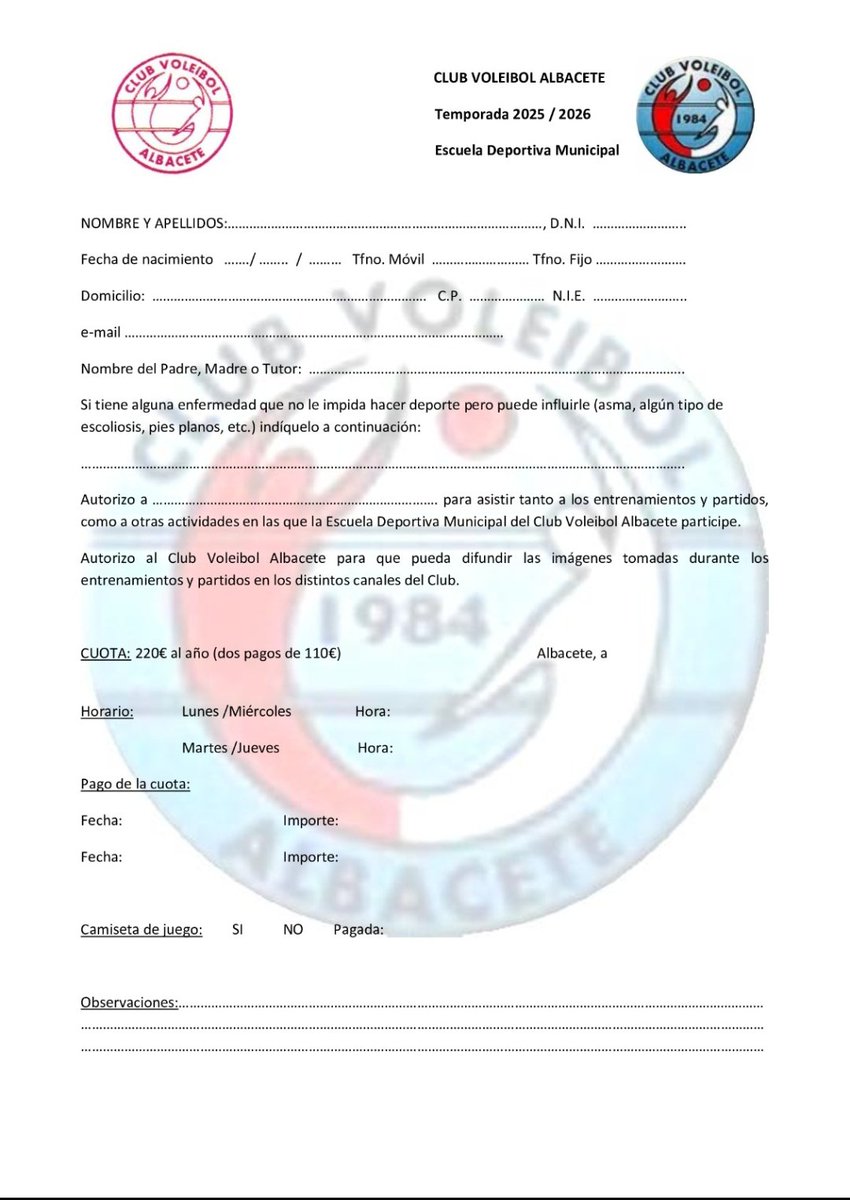 Hola!Les adjuntamos la inscripción en PDF, jpg y Word,rellénala y mándasela a su entrenador correspondiente,si pones varios grupos pon el orden y envíaselos a los que estén implicados y si no lo sabes te doy la dirección de correo para que lo envíes a, inscripcionescvab@gmail.com