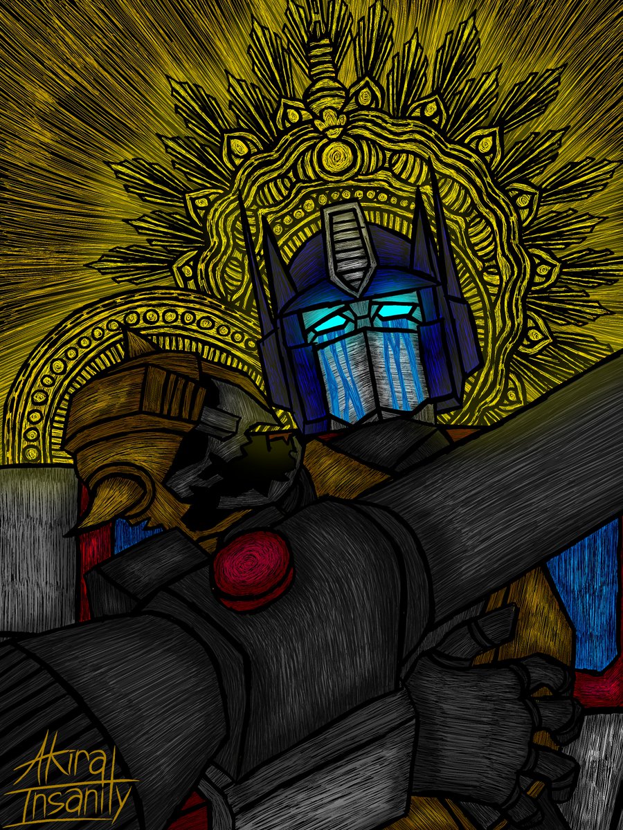 Akira_Insanity's tweet image. I dunno, this just might be my most underrated Transformers Art
This piece is called &quot;Prime Pieta&quot; 
#transformers #transformersskybound #optimusprime #bumblebee
