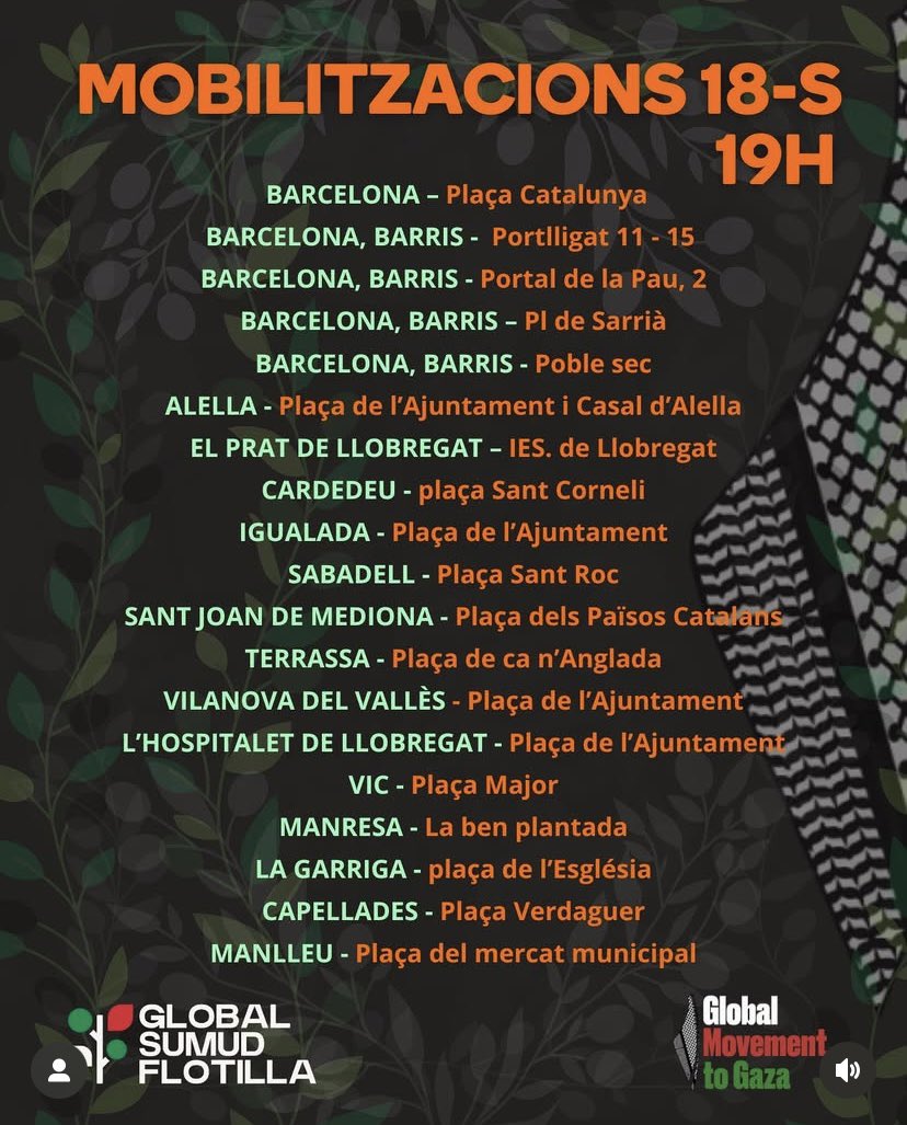 Bon dia, aquí teniu la informació de les mobilitzacions d’avui! Palestina lliure! #STOPGENOCIDE