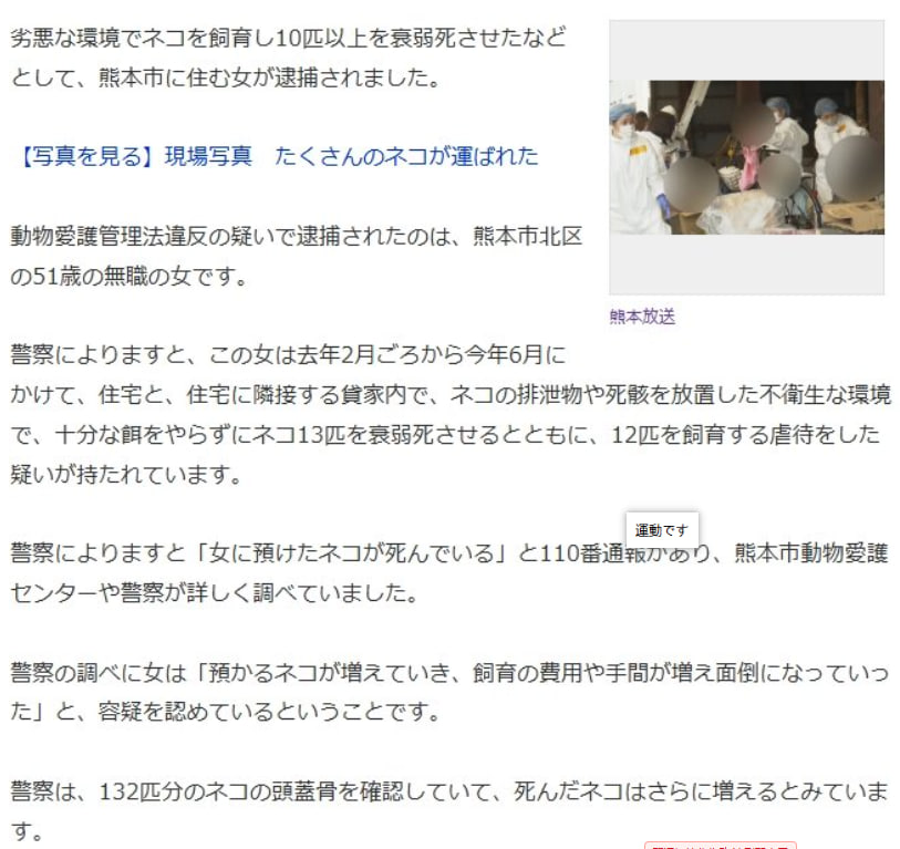 ネコの頭蓋骨132匹分を確認　排泄物や死骸を放置した環境で飼育 多くを衰弱死させた疑いで女を逮捕　「飼育費用や手間が増え面倒になった  動物虐待132匹のネコ殺して「面倒になった」だと？ 命ナメてるヤツは厳罰喰らって地獄見ろ。 
弱い命踏みにじった分、倍返し食らえ。 
記事リンクに続く
熊本市