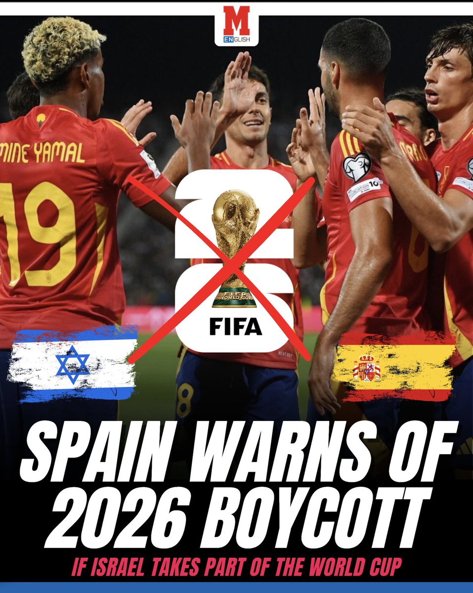 AdameMedia's tweet image. BREAKING: SPAIN TO BOYCOTT WORLD CUP 2026 IF ISRAEL PARTICIPATES 

Spain has threatened to boycott the 2026 World Cup if FIFA allows Israel to participate. 

God bless Spain 🇪🇸👏🏼