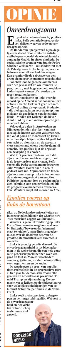 Links voelt zich superieur en achtergesteld tegelijk. Wat rest is de onverdraagzaamheid en het verholen of luidruchtig instemmen met geweld. 
Column Telegraaf: