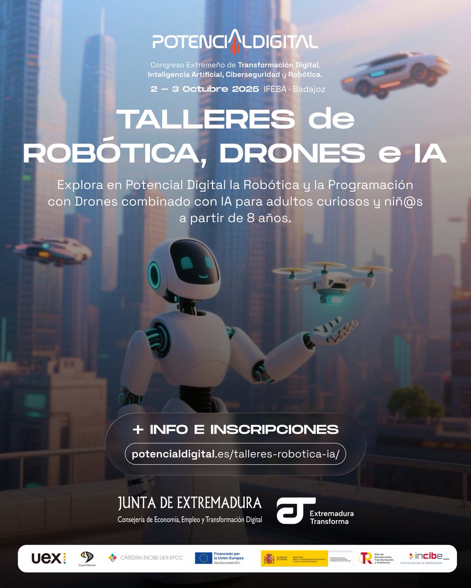 Potdigitalext's tweet image. 🚀 ¿Te imaginas programar drones, competir contra una IA y llevar tu código al mundo real con robots LEGO y Arduino?

En Potencial Digital 2025 lo vas a vivir en los Talleres de Robótica e IA 🔥.
Una experiencia pensada para niñ@s desde 8 años, pero también abierta a jóvenes y…