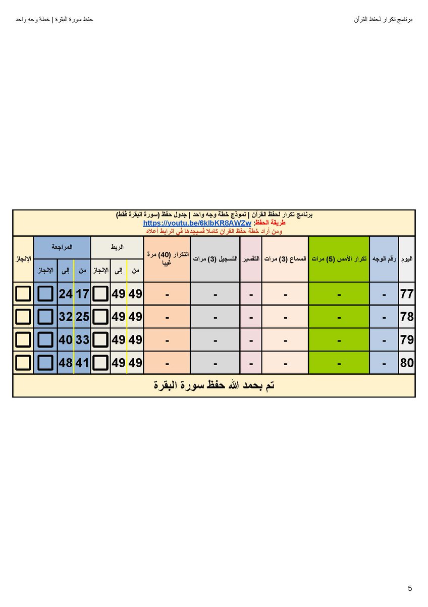 جدول حفظ وإتقان سورة البقرة
(خطة الوجه، وخطة الوجهين)
من برنامج «تكرار» لحفظ القرآن الكريم.

خُصِصَ هذا الجدول لمن يرغب في إفراد سورة البقرة بالحفظ؛ لنوال ما فيها من خير، وبركة، وهداية بإذن الله.
—
الجداول متوفرة بصيغتي (PDF) و (Excel).
saaid.org/Quran/79.htm