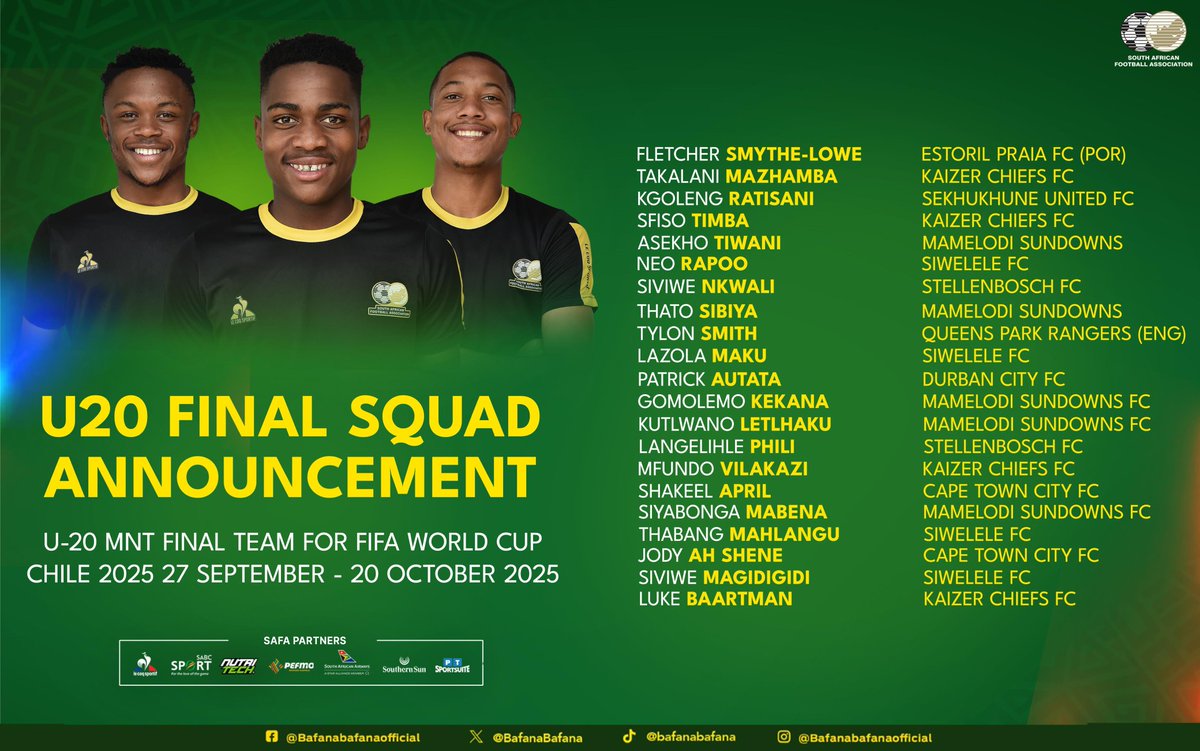 Coach Raymond Mdaka announces the final team to represent South Africa at the FIFA Under-20 Men's World Cup in Chile later this month.