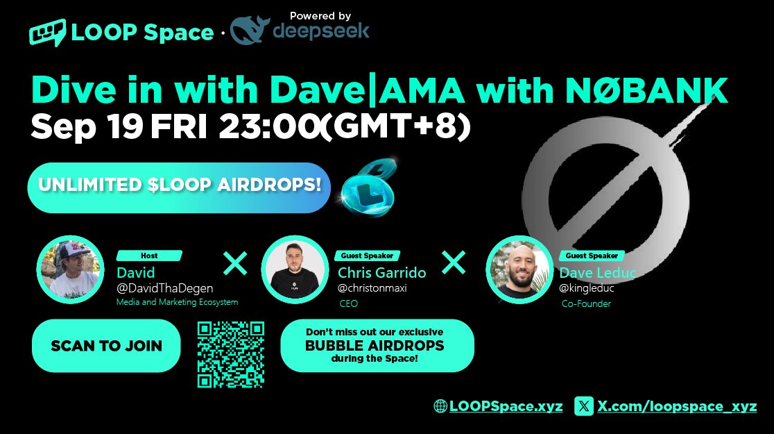 LOOPSPACE_INTL's tweet image. 💥 Dive in with Dave: AMA Surfing the Future with @nobanksociety 🌊🚀

🗓 Friday · Sep 19 · 23:00 (UTC+8)
🔗 Jump in: loopai.fan/space/60e8770c…

Imagine this:
🌐 No banks. No borders. Just visionaries.

Join @DavidThaDegen with special guests 👉 @christonmaxi &amp;amp; @kingleduc
They’re…